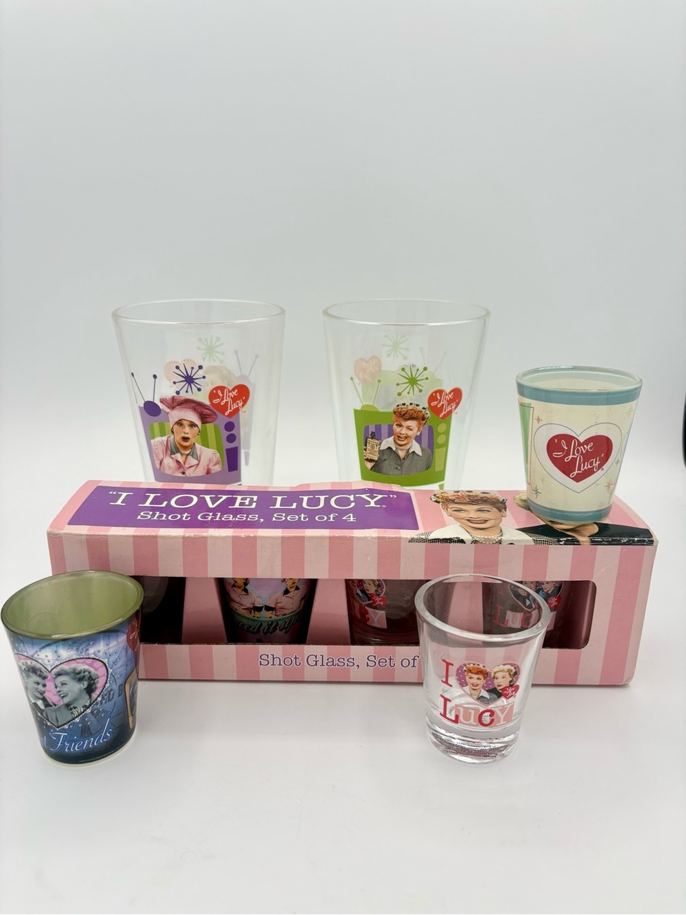 I Love LUCY Set of 2 16 OZ GLASSES and 7 Shot Glasses New Never Used Kitchen